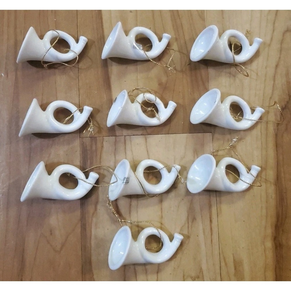 Vintage White Ceramic French Horn Instruments Christmas Ornaments Lot of 10